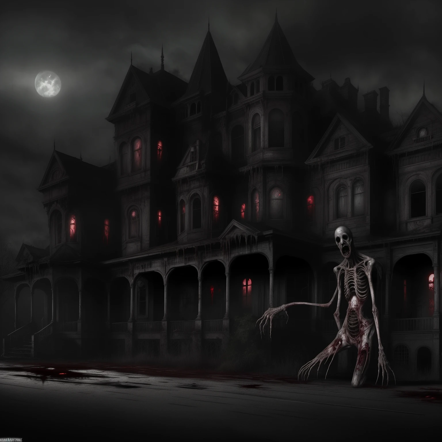 A disgusting Ghost stands above a large Victorian mansion, found footage, blood dripping, hellish, tainted, terrifying, horror, redacted, dark, human experiment, hideous, teeth, tongues, sinister, hostile, malevolent energy, pathogenic mutation, biological, nightmare, rusty, grunge, helpless, moody, desperate, strange, humanoid, aberration, death, lonely, ominous, horror, dramatic, atmospheric, high detail, zoomed out, long shot,