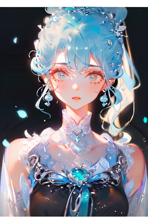 (masterpiece), (best quality), (ultra detailed),(disheveled hair),(illustration), (1girl), (Fashionable clothing), standing, Fashion model, looking at viewer, (interview), (simple background),beautiful detailed eyes, delicate beautiful face, Floating,(high saturation),(colorful splashes),colorful bubble,(shining), focus on face, ponytail, kamisato ayaka, light blue hair, bangs, hair ring, floating flowers, floating hairs, (shining), best lighting, best shadow,