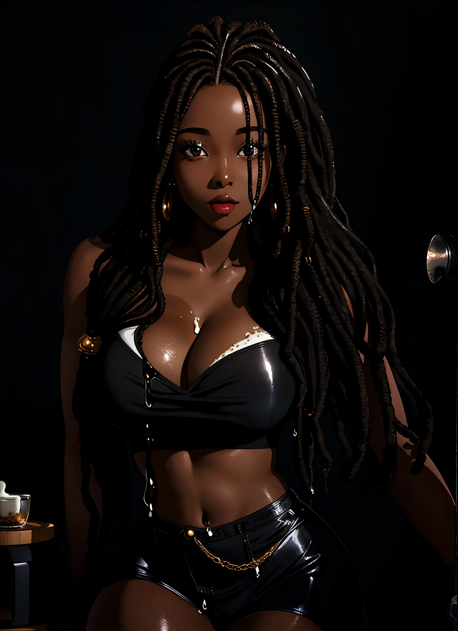 Photorealistic Beautiful black girl, slim thick but thin waist, dangerous curves, covered in dripping milk, exposed, seductive, African, tanned skin, black tube top, dark skin, dreadlocks, cleavage, exposed breasts, breast recess, trend in hyperrealism portrait Pixiv, at home, sexy pose, 19 years old