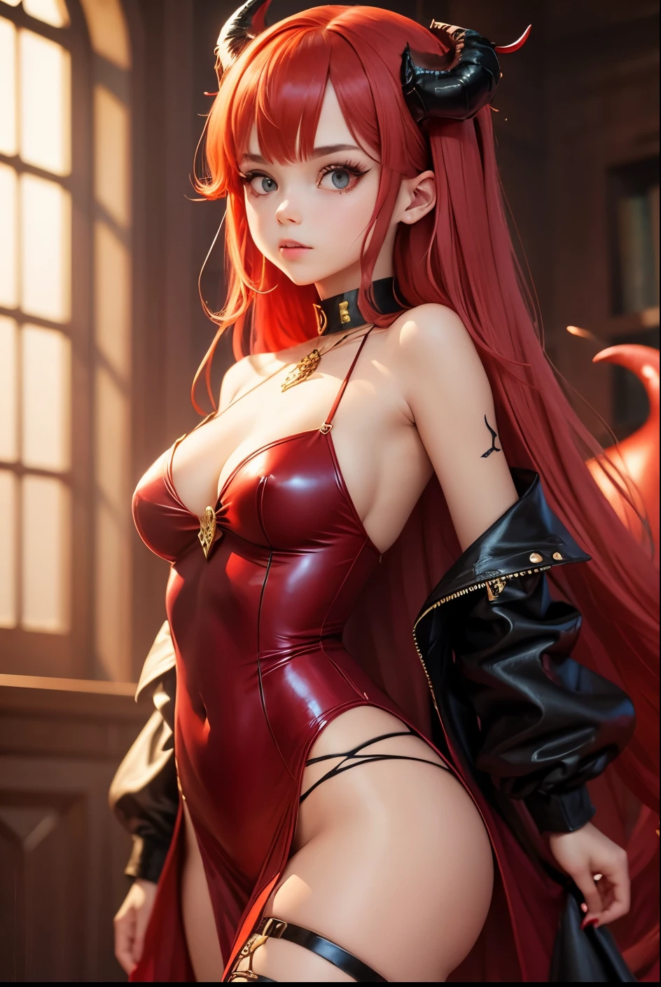 cute girl, satan, Red hair, Demon tail, Gold clothes