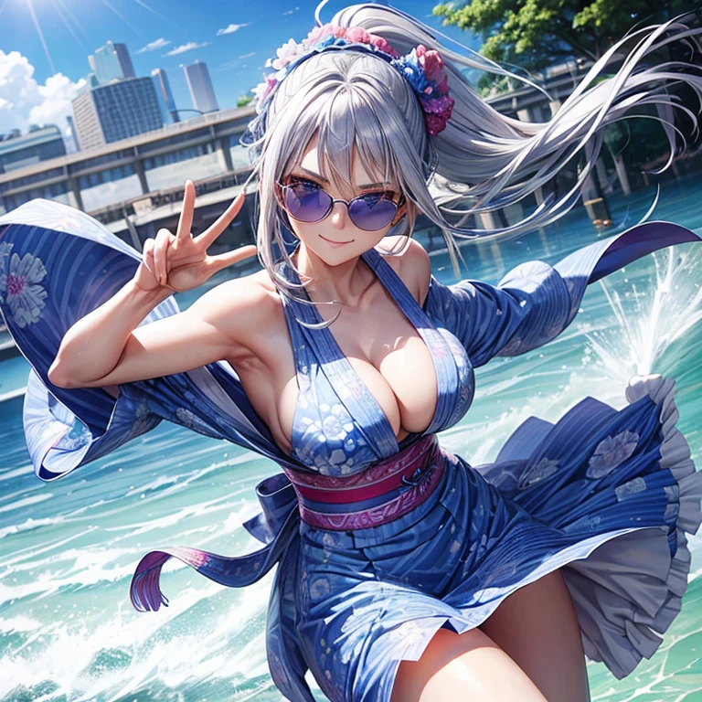 A 20 years old lady, blue eyes, silver ponytail hair with blue streaked hair, blue sunglasses, wearing carnations patterns yukata, sunny smile, kicking pose, slender and big boobs body