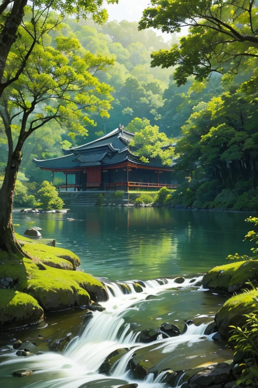 Beautiful view of river flowing through lush green forest, 日本floresta exuberante, forest and river, Still from a nature documentary, with trees and rivers, Japan’s Green Gold Forest, Still from nature documentaries, mont, Rivers and trees, japan nature, Indigo Forest in Japan, Rios、树木和mont丘, floresta exuberante, The bird'Perspective of Shinkanyoji Temple