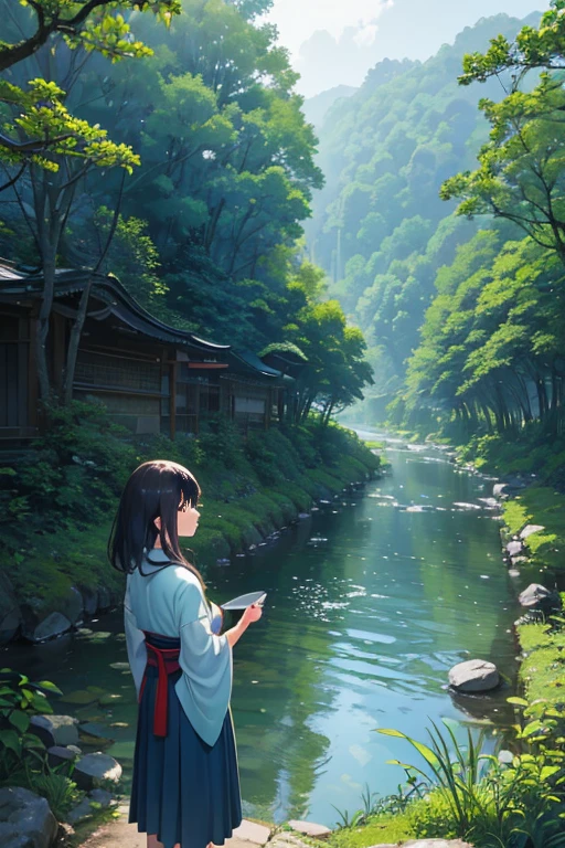 (a girl, a beautiful girl, a girl in a garden, a girl in a blue dress), (lush green forest, dense forest, Japanese forest), (river flowing through, river running throueautiful scenery, breathtaking view), (captured from a nature documentary, still from a nature documentary), (trees, trees and river), (Japanese green golden forest), (mountains, river, trees), (nature in Japan, Japanese nature), (indigo blue forest in Japan), (view of Riosu, trees, hills), (dense forest), (a bird's-eye view of Shinzen-ji)