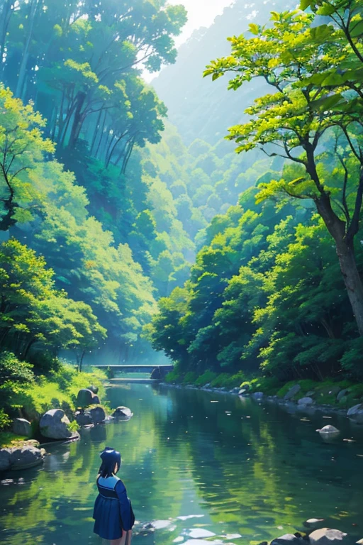 (a girl, a beautiful girl, a girl in a garden, a girl in a blue dress), (lush green forest, dense forest, Japanese forest), (river flowing through, river running throueautiful scenery, breathtaking view), (captured from a nature documentary, still from a nature documentary), (trees, trees and river), (Japanese green golden forest), (mountains, river, trees), (nature in Japan, Japanese nature), (indigo blue forest in Japan), (view of Riosu, trees, hills), (dense forest), (a bird's-eye view of Shinzen-ji)