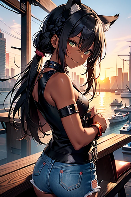 nsfw、masterpiece、best quality、(((super detailed dark skin)))、full body shot、1catgirl、(((adult woman)))、jadegreen eyes、dark bodyskin、cat ears、horse tail、hair/(braided side pigtails)、flipped hair、midnight black hair、cleavage、(arms free)、(shoulders free)、(neck free)、wrists/(bracelets:1.3)、upper arms/(leather wristbands:1.3)、top/(small torn leather rocker top:1.3)、hotpants/(small tight torn denim hotpants)、standingwith back to camera looking at camera、background/(sunset city-harbor)、cheeky smile、