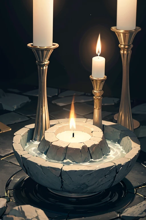 Close-up of lit candle in stone bowl, Temple sacrificial scene submerged in water, , flame spell, From the wizard (2021), Mysteries from Netflix, still from loki ( 2 0 2 1 ), home wicca scene, taken from movie, Still from a fantasy movie, Detailed cinematic footage, demonic shrine, Atmospheric establishing shot