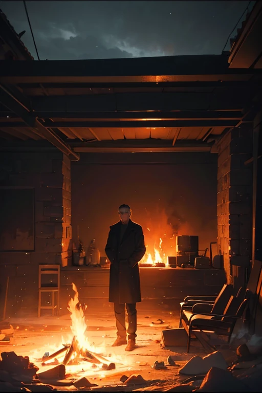 A man stands by the fire in a dark room, amazing cinematography, beautiful cinematography, stunning cinematography, Stunning emotional cinematography, award winning movie still, taken from movie, Roger Deakins photography, Still from music videos, 2 0 2 1 cinematic 4 k framegrab, stunning visuals, colored photography, great cinematography, 4k movie stills, andrei tarkovsky scene