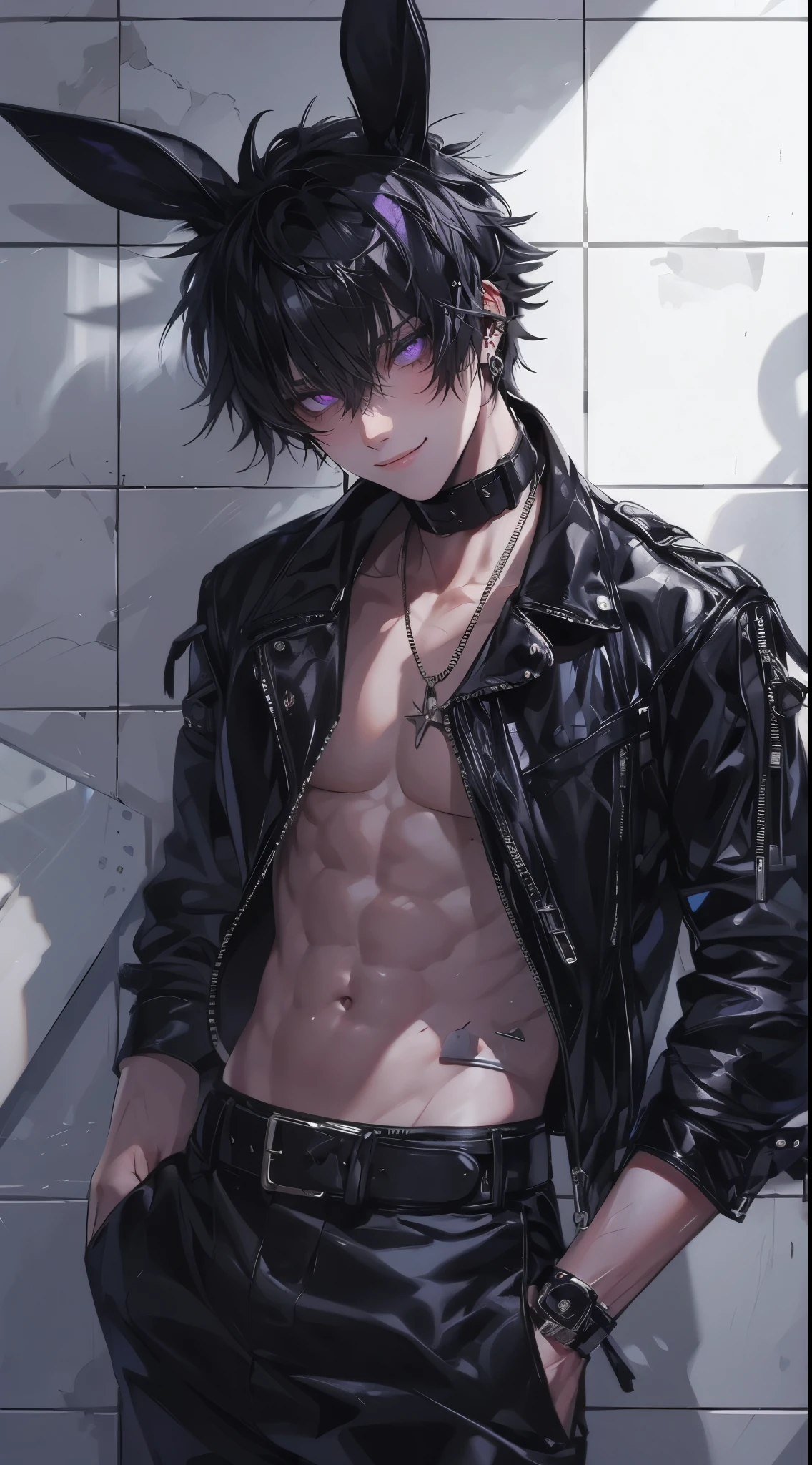 Beautiful young man, black hair, short hair, purple eyes, slitted eyes, navel outfit, black leather clothing, black rabbit ears, winking, finger heart, smile, white square tile wall in background,high quality, amount of drawing, pixiv illustration, abs