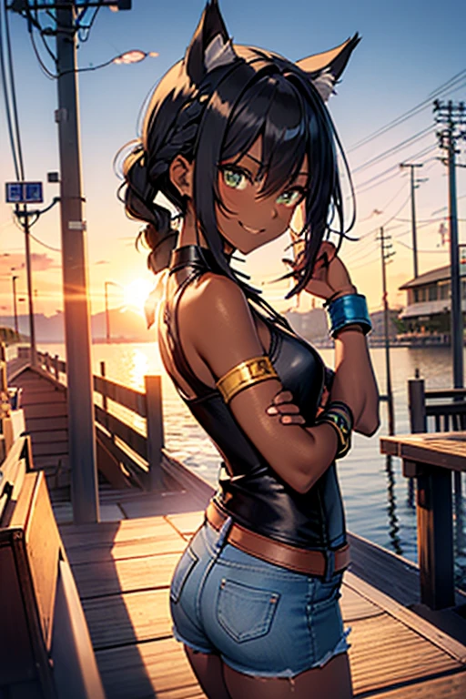 nsfw、masterpiece、best quality、super detailed dark skin、1catgirl、(((adult woman face)))、jadegreen eyes、dark skin、cat ears、horse tail、hair/(braided side pigtails)、flipped hair、midnight black hair、cleavage、(arms free)、(shoulders free)、(neck free)、wrists/(bracelets:1.3)、upper arms/(leather wristbands:1.3)、top/(small torn top:1.3)、pants/(small tight torn denim hotpants)、background/(sunset city-harbor)、evil smile、mischievous face expression、sticking tongue out