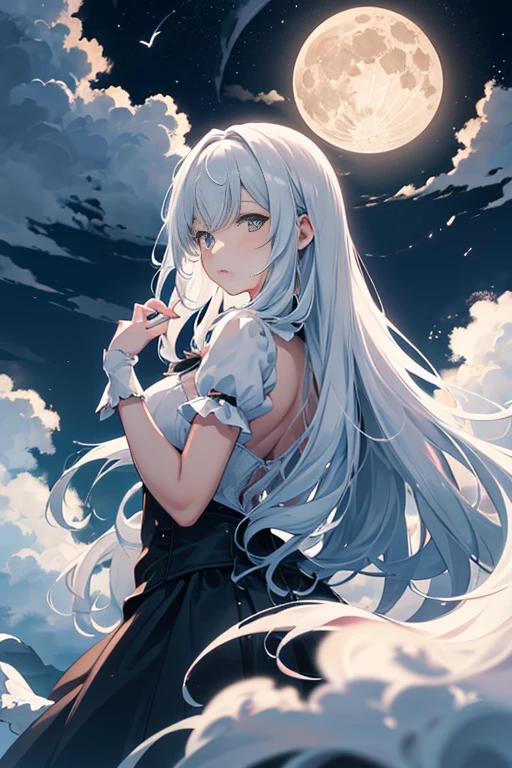 1 girl, Blonde gray hair, Straight hair, Spread your hair, Long Hair, The pupils shine, Long eyelashes, blue eyes, compensate, smile, Color debtield Painting, modern art, Northern Renaissance, Blurred, blend, debtrom below, debtrom Side, Panorama, Ultra Wide Angle, Wide-angle, debt/1.8, 135mm, Canon, んdebtdebt, retina, Tabletop, Elaborate, Anatomically correct, Skin Texture, Super detailed, Attention to detail, high quality, High resolution, 1080p, hard disk, 4K, 8k, 最high quality, (Translucent off-the-shoulder immaculate white dress), (Beautiful woman lying on a large floor), Sexy pose (debtull of stars in the background, Milky Way Galaxy), (debtull of stars in the background, Milky Way Galaxy),(Black lace panties)