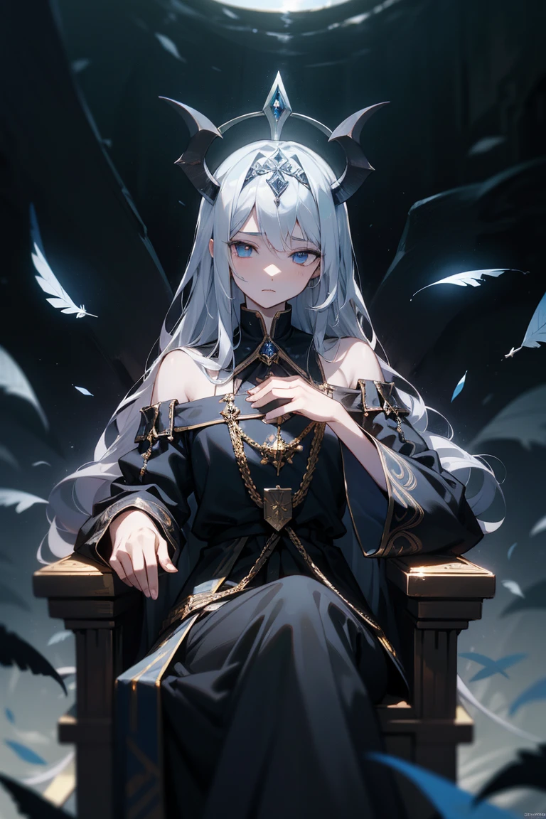 (((masterpiece))),best quality, illustration,(beautiful detailed demon lord), a demon lord ,solo,bare shoulders,flat_chst,diamond and glaring eyes,beautiful detailed cold face,very long blue and sliver hair,floaing black feathers,wavy hair,black and white sleeves,gold and sliver fringes,a (blackhole) behind the boy,a silver triple crown inlaid with obsidian,(sit) on the black ((throne)), (depth) of (field)