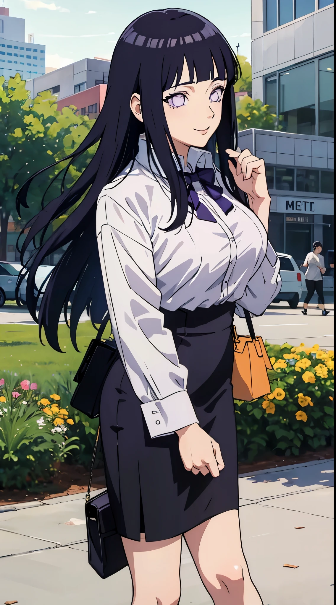 (((Masterpiece))), hinata hyuga, 1Girl, Solo, Long hair, looking up at viewer, Smile, large full breasts, Black hair, Purple eyes, Blunt bangs, white eyes, no pupils, Pulling on clothes, office lady, pencil skirt, Skirt tug, miniskirt, skirtlift, crowd of, Masterpiece, Best Quality, highly detaild, Office Background