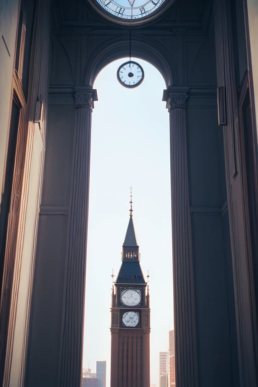There is a tall building,There is a clock on the roof, taken from movie, Leica 8k stills in a24 film, Cine Lens AR 9:16-n 6-g, cinestill 800t eastman color, architectural shots, Grainy cinematography from 1980