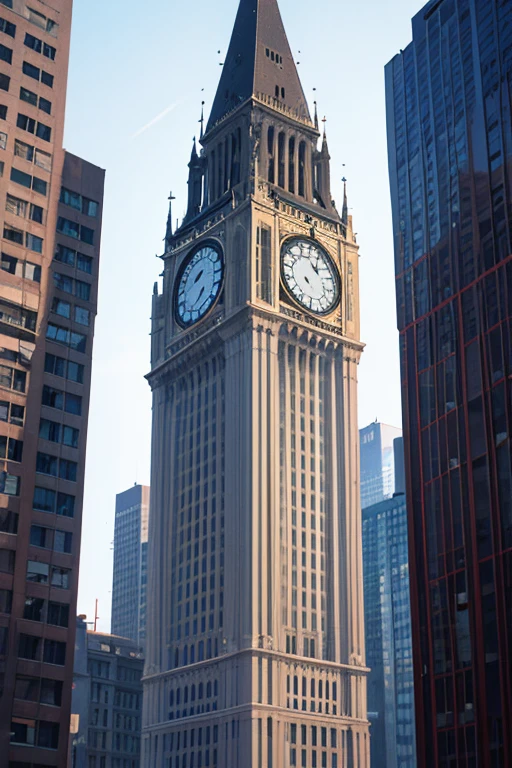 There is a tall building，There is a clock on the roof, taken from movie, Leica 8k stills in a24 film, Cine Lens AR 9:16-n 6-g, cinestill 800t eastman color, architectural shots, Grainy cinematography from 1980