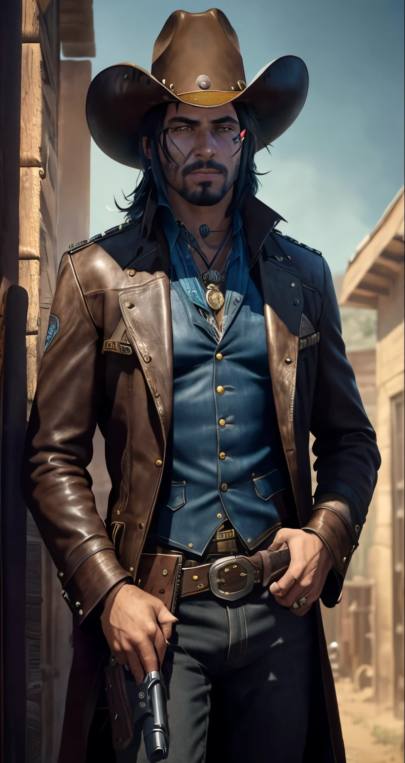 arafed man in a cowboy hat and leather jacket holding a gun, jesse mccree, cyberpunk wild west, dressed as a western sheriff, mexican vaquero, western gunslinger, mccree from overwatch, cowboy style, post - apocalyptic cowboy, western steampunk cyborg, oldwest, old west, masculine and rugged, in the old west, an epic western