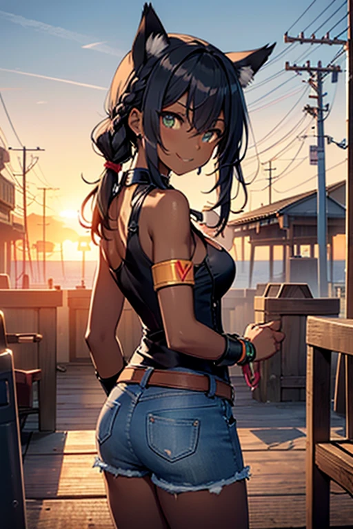 nsfw、masterpiece、best quality、super detailed skin、1catgirl、jadegreen eyes、skin/(dark skin)、horse ears、horse tail、hair/(braided side pigtails)、flipped hair、midnight black hair、cleavage、small torn top、torn hotpants、background/(sunset city-harbor)