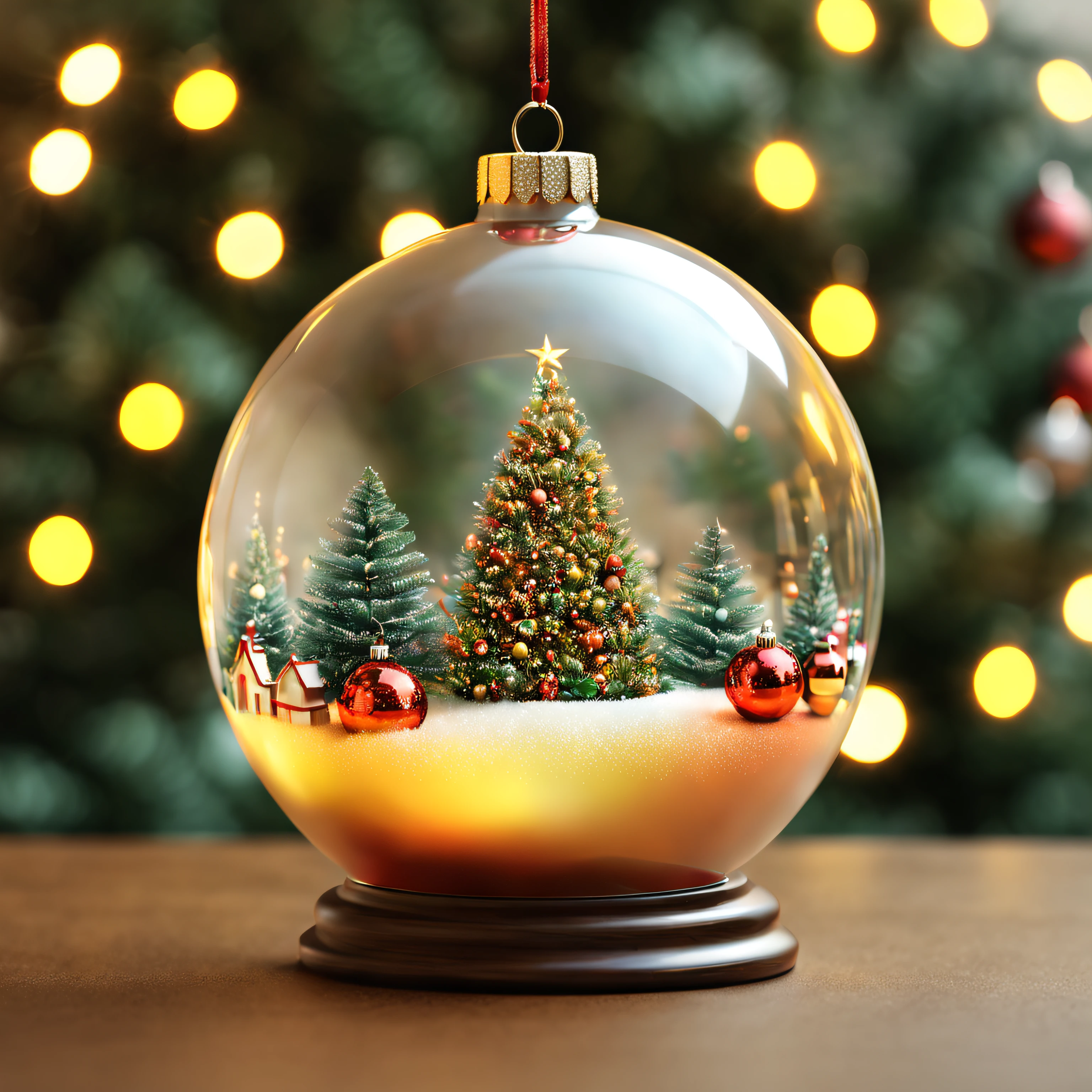bola de navidad transparente, Mensaje de texto "LissetDeco", Arte Final, Hiperrealista, warm colours, christmas tree in the background