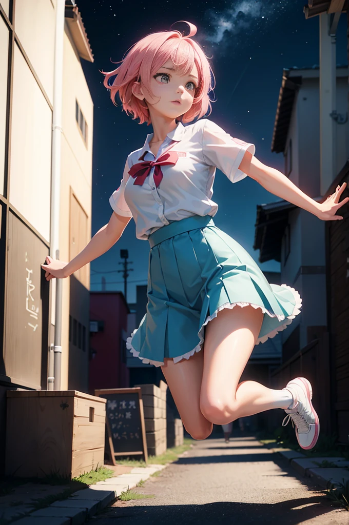 Generate dynamic vector image depicting an high school girl character with full body action pose, short pink hair, white shirt, blue skirt, red lace, reflecting the vibrancy and individuality of today’s teenage culture. high quality, 8K Ultra HD, night city in background, The beautiful girl Who Leapt Through a dangerous city, Feels like Mamoru Hosoda, Time leap when the beautiful girl runs and jumps Detailed illustration, A digital illustration of anime style, digital anime paintings of her, soft anime tones, Feels like Japanese anime, fantasy art, Three-dimensional expression, luminism, Albert Anker, Feeling like Kyoto Animation, Greg Rutkowski, Artgerm, WLOP, Alphonse Beeple, pixiv, luminism, 3d render, octane render, Isometric, by yukisakura, awesome full color
