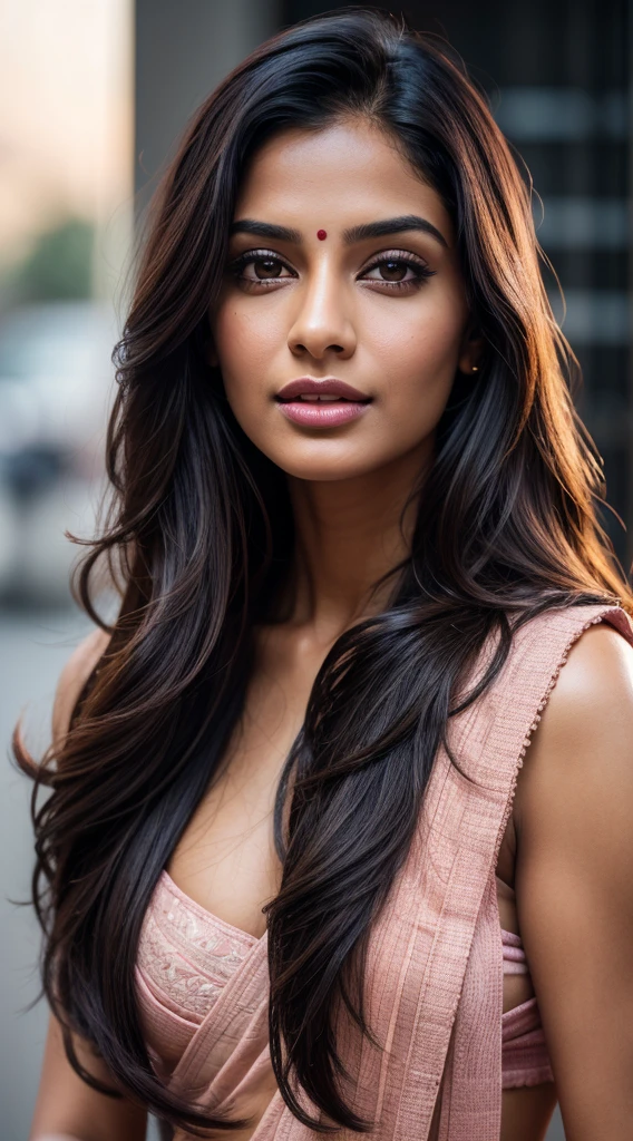 Portrait of Indian most beautiful and attractive woman in her 30s as a beautiful female model, beautiful face, [[Long Brunette Shag with Subtle Highlights]] Her dark hair falls in loose waves around her face, dramatic lighting, trending on art-station, portrait, digital art, modern, sleek, highly detailed, formal, determined, pink liner lipstick, soft lips, black eyes, happy,