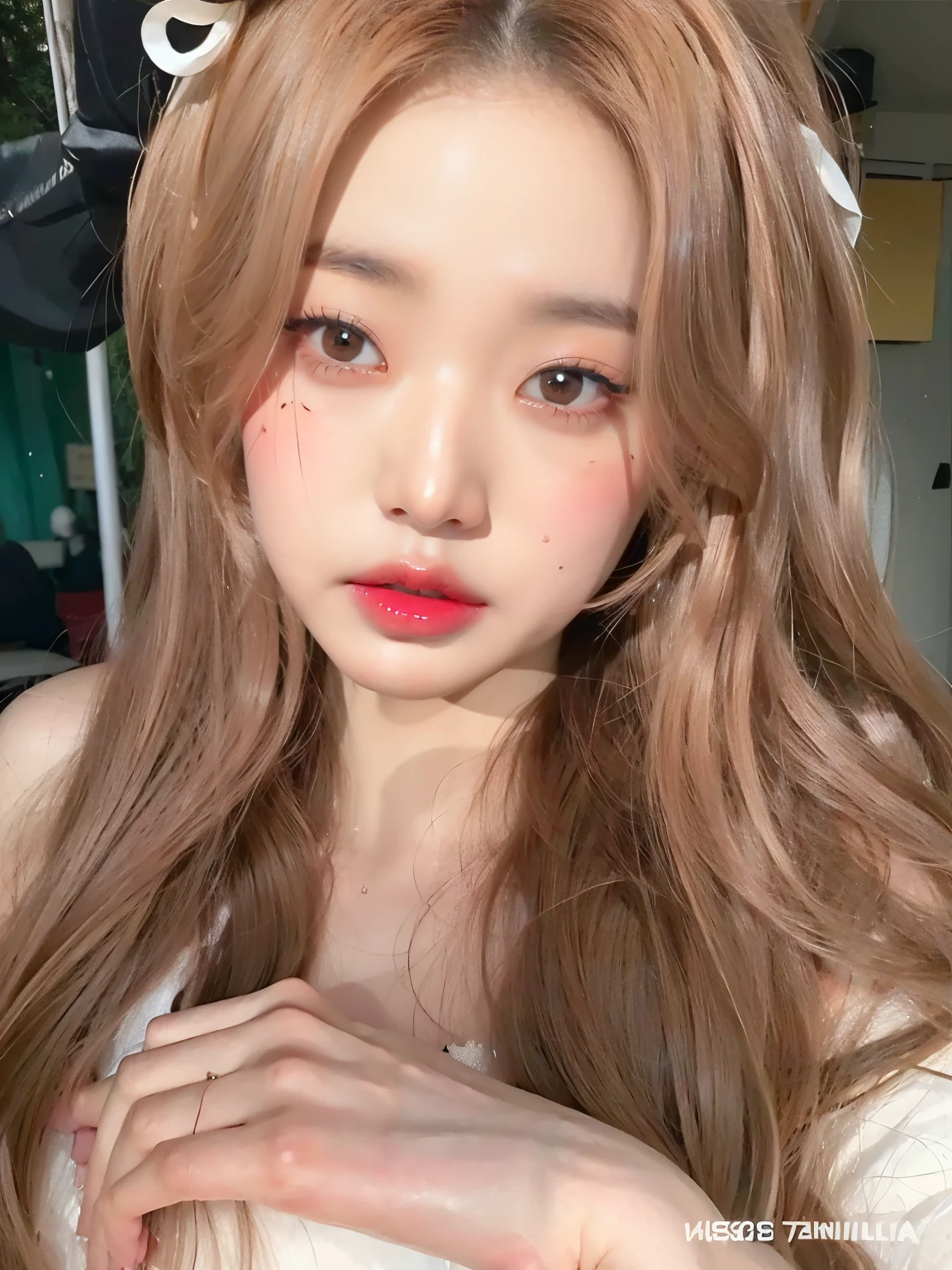 un primer plano de una chica con pelo largo y un vestido blanco, ulzzang, Retrato realista kawaii, maquillaje popular de Corea del Sur, Your skin is light brown, Parque Roseanne de Blackpink, maquillaje coreano popular, Jossi de Blackpink, Tono de piel rosa pastel, Lalisa Manobal, Yanjun Chengt, coral brown hair, maquillaje suave, Wan adorable cara coreana