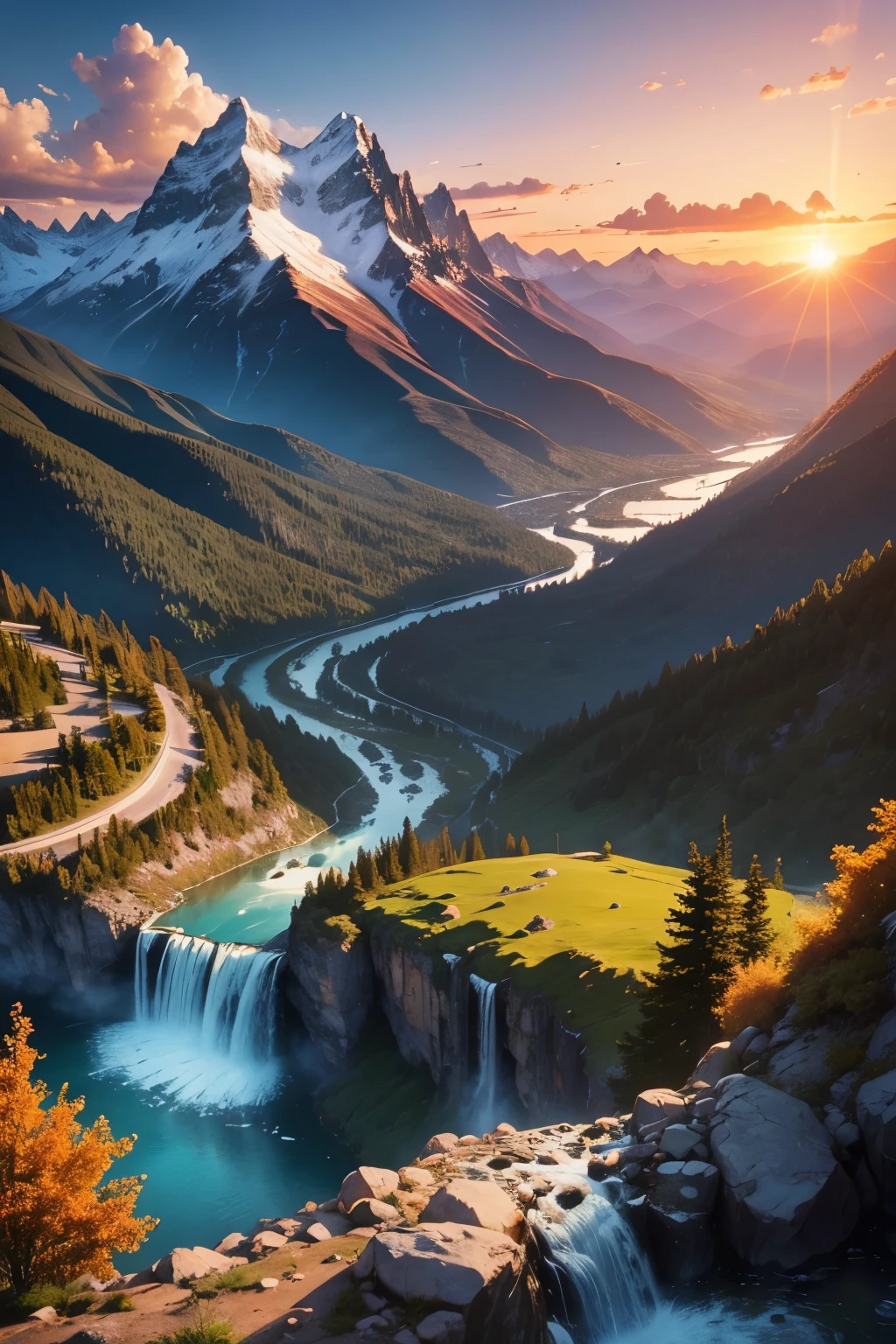 mountains, valley, waterfalls, sunset, paradise