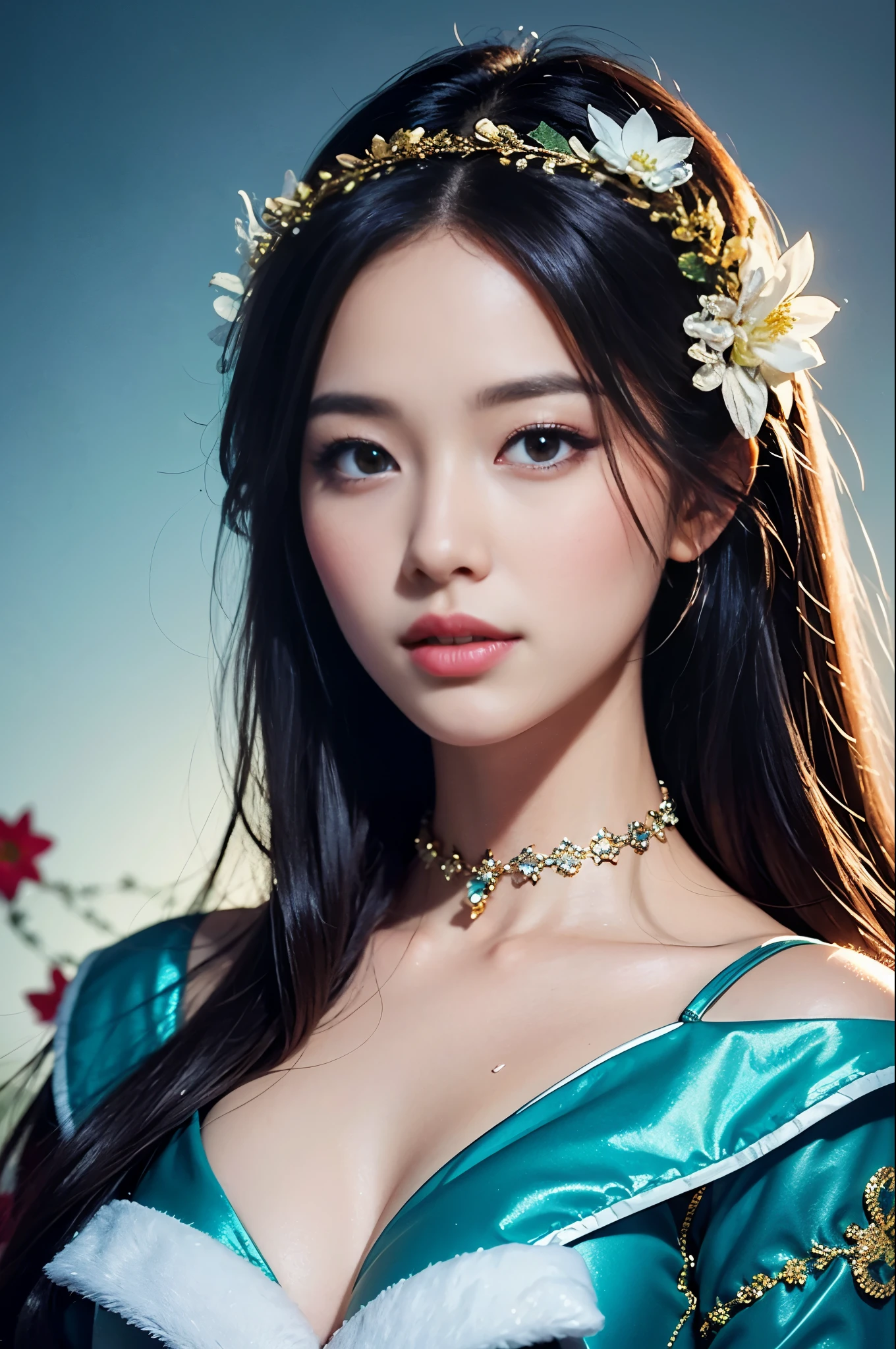 The beauty of black hair and flowers floating on water、beautiful beauty、beautiful digital illustrations、beautiful artwork illustrations、beautiful digital artワーク、美しいgorgeous digital art、beautiful digital art、Asian woman water element、gorgeous digital art、非常にbeautiful digital art、Close up fantasy with water magic、beautiful fantasy art、beautiful digital painting、beautiful digital illustrations、Gorgeous Digital Painting、He is wearing a fairy tale Christmas Santa costume.、
