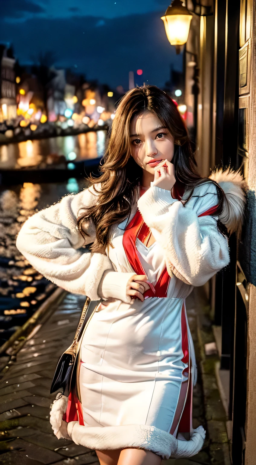 (olhos ultra-detalhados), (((textile shading))), (((best quality))), (((masutepiece))), (((CG ultra-detalhado))), ousado girl, (((Girl magician))), (pequeno), (tiny breast), dark brown hair, Young Asian woman, pin-up emo, ((medium hair, fur layers, gorgeous hair)), (((Vestido de Natal, carduroy jacket with red and white faux fur trim, y2k, saia de vieira))), ((fazendo uma pose)), (((Jogo CG)) (gorgeous, ousado, it menina), joias extravagantes, Sparkling sky, Amsterdam Light Festival, Christmas vibe, luz de natal, Christmas tree, strong Amsterdam Light Festival atmosphere, cowboy shot, Tiro no meio, Imagem centralizada, Eye on camera, Noite