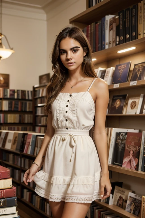 cara, largo_cabello, splendid, girlish, escote, occidental, Arriba, hot girlish, photos in a bookstore, tocando libros, cargando libros, senos grandes, Small waist and large hip, fotos en vestido cute, vestido de girlish