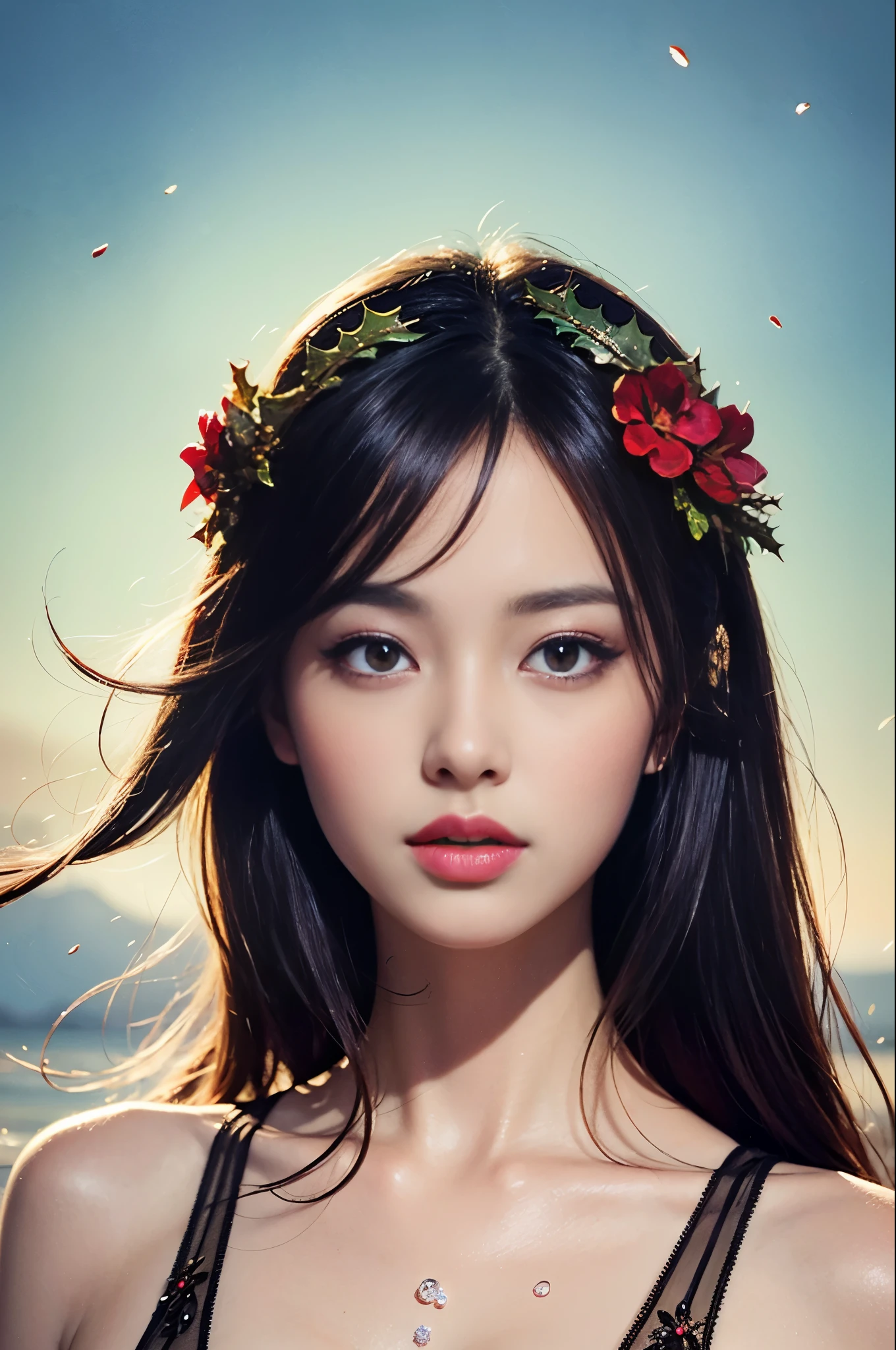 The beauty of black hair and flowers floating on water、beautiful beauty、beautiful digital illustrations、beautiful artwork illustrations、beautiful digital artワーク、美しいgorgeous digital art、beautiful digital art、Asian woman water element、gorgeous digital art、非常にbeautiful digital art、Close up fantasy with water magic、beautiful fantasy art、beautiful digital painting、beautiful digital illustrations、Gorgeous Digital Painting、He is wearing a fairy tale Christmas Santa costume.、