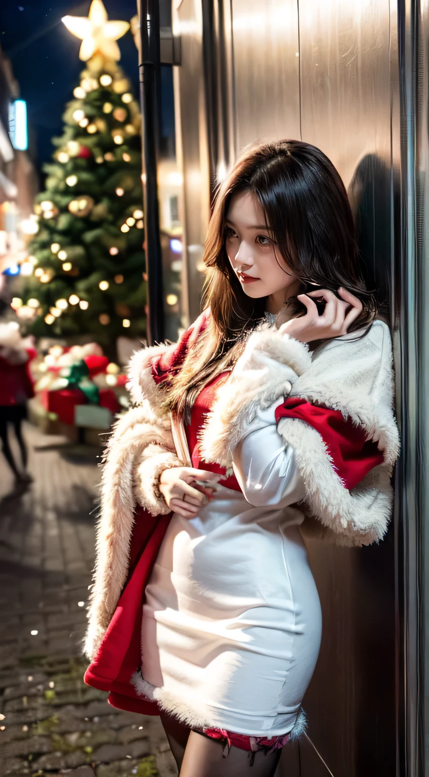 (olhos ultra-detalhados), (((textile shading))), (((best quality))), (((masutepiece))), (((CG ultra-detalhado))), ousado girl, (((Girl magician))), (pequeno), (tiny breast), dark brown hair, Young Asian woman, pin-up emo, ((medium hair, fur layers, gorgeous hair)), (((Vestido de Natal, carduroy jacket with red and white faux fur trim, y2k, saia de vieira))), ((fazendo uma pose)), (((Jogo CG)) (gorgeous, ousado, it menina), joias extravagantes, Sparkling sky, Amsterdam Light Festival, Christmas vibe, luz de natal, Christmas tree, strong Amsterdam Light Festival atmosphere, cowboy shot, Tiro no meio, Imagem centralizada, Eye on camera, Noite