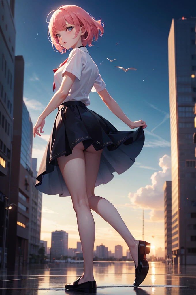 Generate dynamic vector image depicting an high school girl character with full body action pose, short pink hair, white shirt, blue skirt, red lace, reflecting the vibrancy and individuality of today’s age culture. high quality, 8K Ultra HD, night city in background, The beautiful girl Who Leapt Through a dangerous city, Feels like Mamoru Hosoda, Time leap when the beautiful girl runs and jumps Detailed illustration, A digital illustration of anime style, digital anime paintings of her, soft anime tones, Feels like Japanese anime, fantasy art, Three-dimensional expression, luminism, Albert Anker, Feeling like Kyoto Animation, Greg Rutkowski, Artgerm, WLOP, Alphonse Beeple, pixiv, luminism, 3d render, octane render, Isometric, by yukisakura, awesome full color