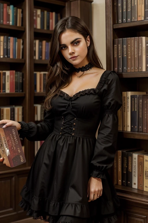 cara, largo_cabello, splendid, girlish, escote, occidental, Arriba, hot girlish, photos in a bookstore, tocando libros, cargando libros, senos grandes, Small waist and large hip, fotos en vestido cute, Gothic dress, fotos goticas, vestido negro, mostrando unos senos enormes, she is looking at books