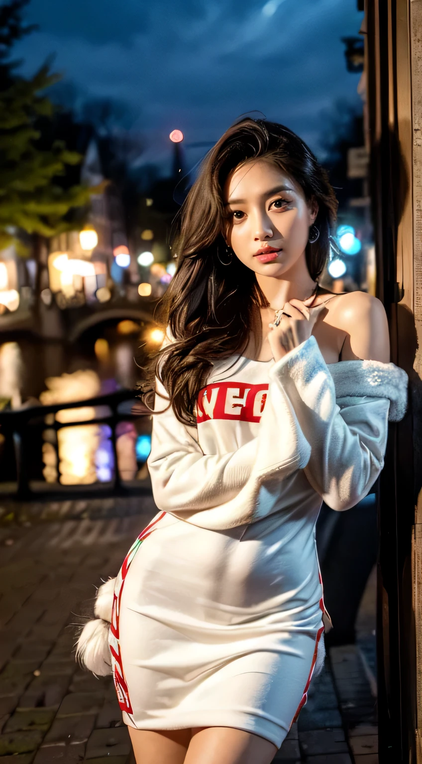 (olhos ultra-detalhados), (((textile shading))), (((best quality))), (((masutepiece))), (((CG ultra-detalhado))), ousado girl, (((Girl magician))), (pequeno), (tiny breast), dark brown hair, Young Asian woman, pin-up emo, ((medium hair, fur layers, gorgeous hair)), (((Vestido de Natal, carduroy jacket with red and white faux fur trim, y2k, saia de vieira))), ((fazendo uma pose)), (((Jogo CG)) (gorgeous, ousado, it ), joias extravagantes, Sparkling sky, Amsterdam Light Festival, Christmas vibe, luz de natal, Christmas tree, strong Amsterdam Light Festival atmosphere, cowboy shot, Tiro no meio, Imagem centralizada, Eye on camera, Noite