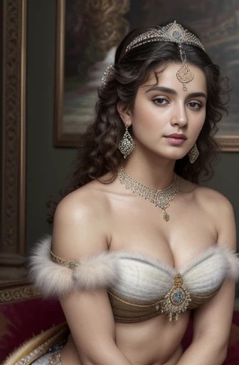 Best quality, highly detailed, masterpiece, Indian princess, Rajkanya, royal clothes, Masterpiece, extremely gorgeous woman, matchless Beauty, portrait, Peter Paul Rubens style, Woman, off shoulder bandeau crop blouse, beautifully styled hair, fluffy hair, middle ages, classicism, andrey atroshenko style, painting, long hair, styled hair, traditional media, realistic, figurative, fine art, detailed Art, oil on canvas, HDR, 8K, original character, high resolution, high detail, focus on the face, intricate, flawless, fluffy hair, Peter Paul Rubens style, By Peter Paul Rubens, sharp picture, no crown