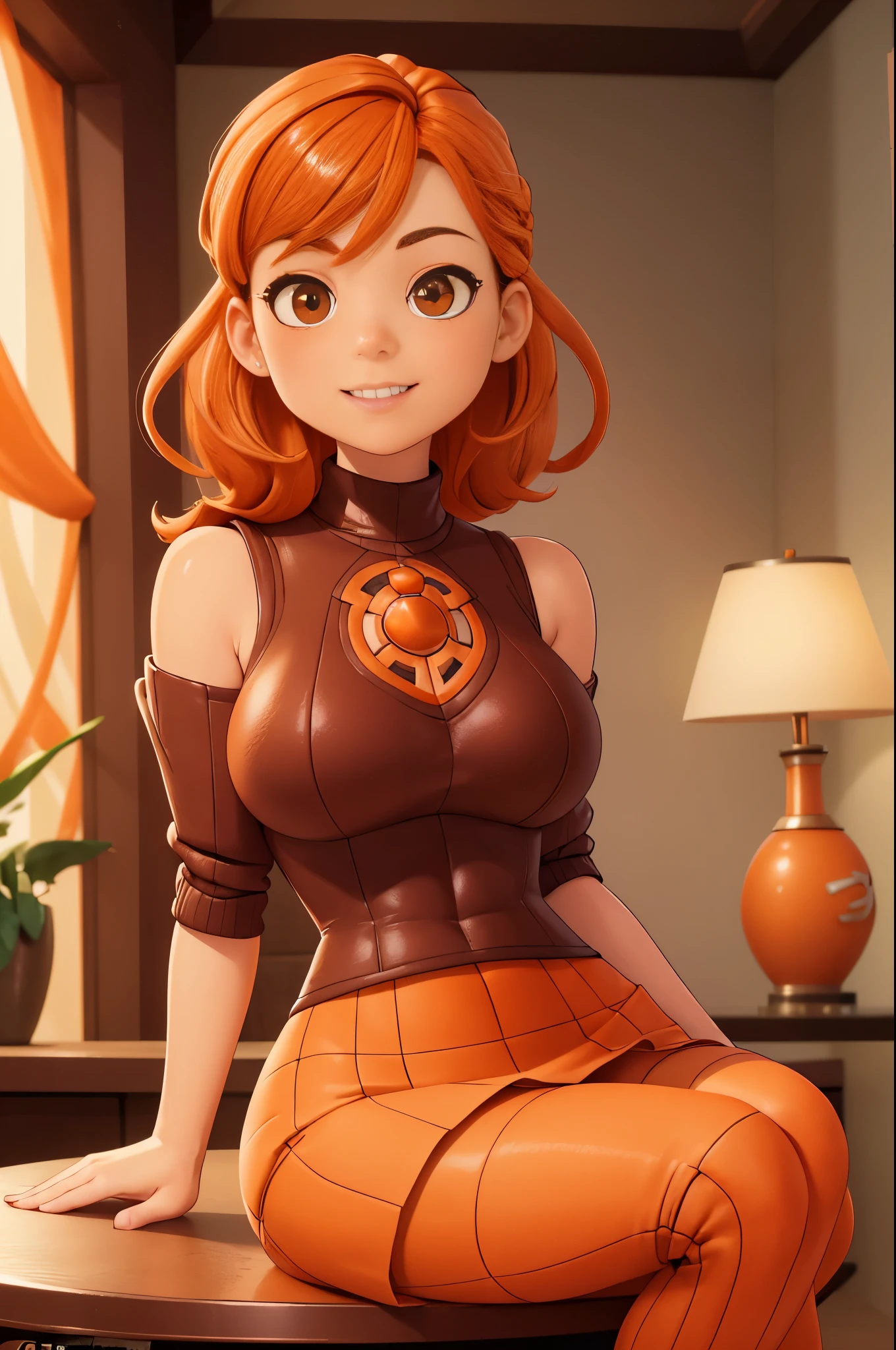 ((Quality: masterpiece, best quality, UHD, anatomically correct, photo realism, textured and detailed skin, skin pores, skin imperfections, textured and detailed hair, volumetric lighting, female, wearing a cozy winter outfit, turtle neck, skirt, tights)), Model: 20 year old female, ((sitting at a table, legs open)) dramatic pose, balanced facial symmetry, healthy and radiant skin, curvy hourglass figure, soft and sexy physique, balanced and proportionate body shape, confidence and elegance in the pose, sultry smile, hide her hands, full body shot of model, 1.8mm nikon aperture, Photoshoot Location: indoors at a fancy coffee shop, Hair: shoulder length straight (((copper orange hair)))