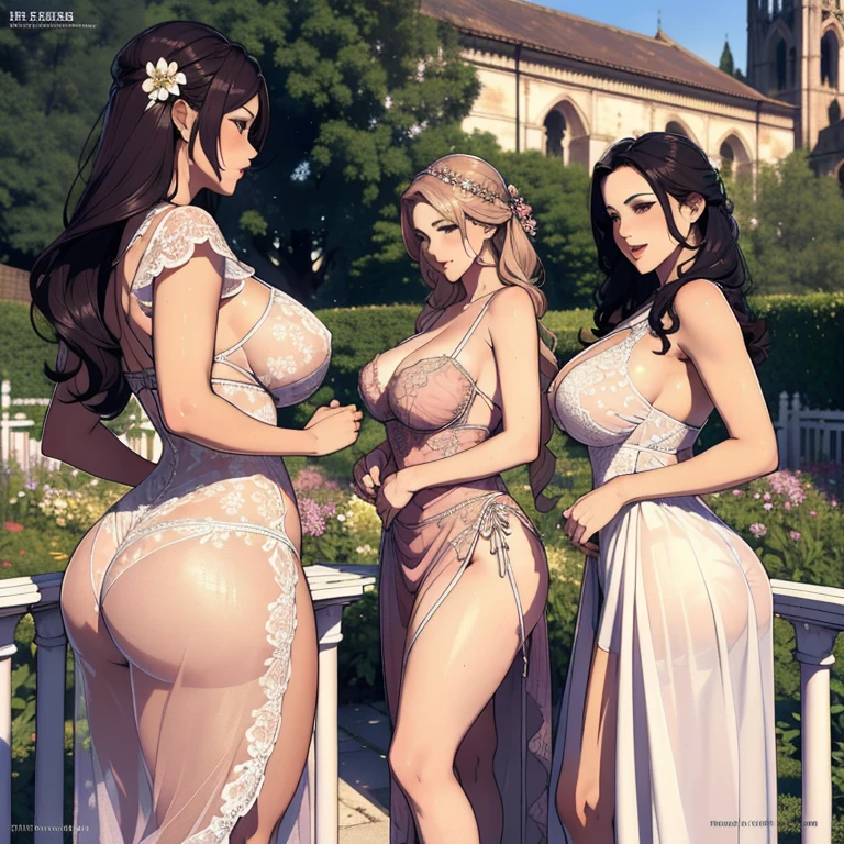 multiple thick body large breast female wears transparent long floral wavy dress standing side by side ((leaning on a short fence all females show backside to camera)), (show bare breast and nipples hanging out of dress, show detailed lace pattern panties), nsfw, in the garden next to a cathedral, ((male character hugs female character from behind))