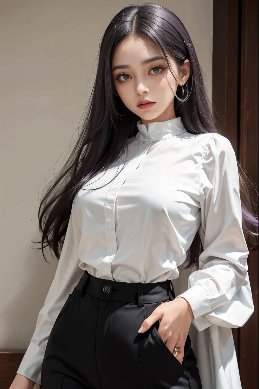 Uma garota de cabelo roxo, uma mexa de cabela passando pelo meio do rosto, olhos verdes claros, usando uma gargantilha preta, and wearing a white dress blouse and black pants Improve this prompt