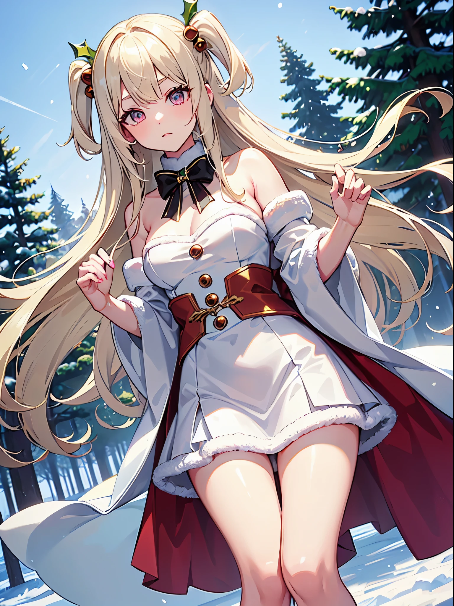 ((Best Quality)), (ultra-detailliert), ((Extremely detailed)), (Beautiful), ((Kawaii Girl)),  ((UHD)), (masterpiece), (high quality), (best quality), (4K), (high quality), 1, solo girl, 1girl, ((platinum blond hair)), parted bangs, ((hair intakes)), long hair, (hair two side up long), ((jade colored eyes)), slanted eyes, medium breasts, slender body, santa claus costume, (winter:1.2), (christmas tree:1.3), anime