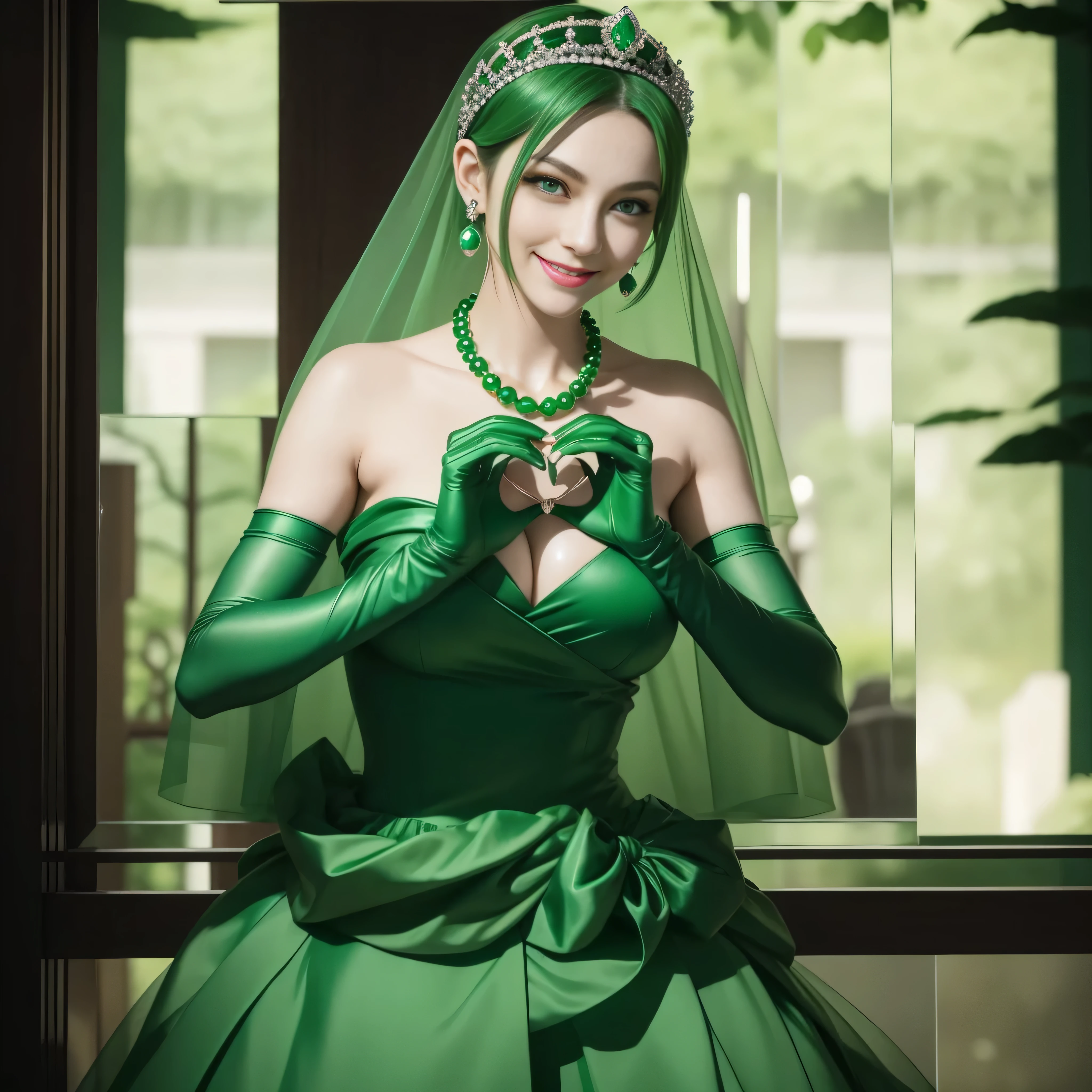 emerald tiara, Green Pearl Necklace, Boyish very short green hair, lipsticks, Japan woman smiling, very short short hair,  big breasts beautiful, Green eyes, Long green gloves made of satin material, Green eyes, Emerald Earrings, green vale, Heart with both hands, Green hair