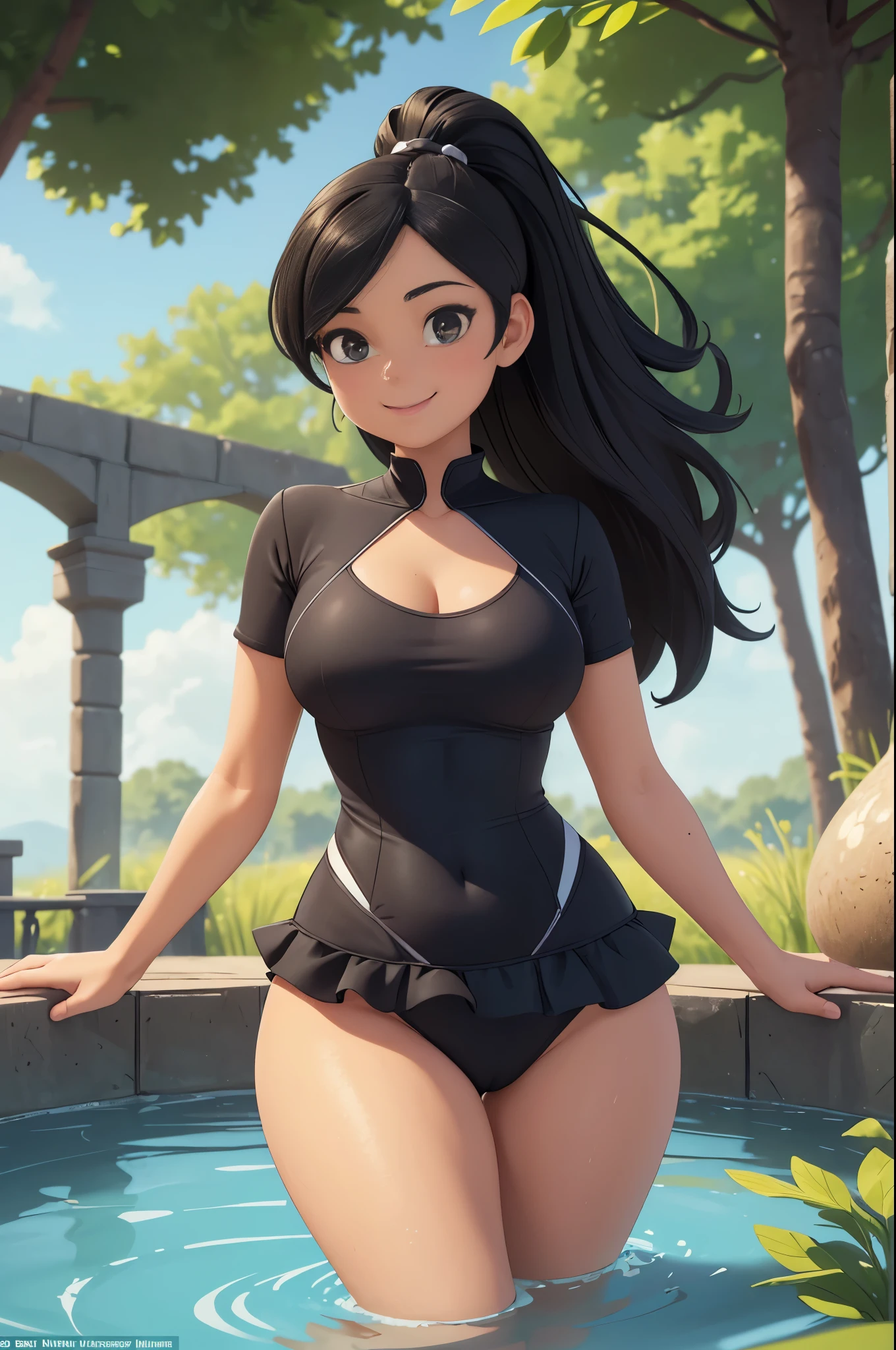 ((Quality: masterpiece, best quality, UHD, anatomically correct, photo realism, textured and detailed skin, skin pores, skin imperfections, textured and detailed hair, volumetric lighting)), Model: 20 year old female, dramatic pose, balanced facial symmetry, healthy and radiant skin, very curvy hourglass figure, soft and curvy hourglass physique, balanced and proportionate body shape, confidence and elegance in the pose, cute and happy smile, hide her hands), Photo Frame: full body shot of model, 1.8mm nikon aperture, Photoshoot Location: outside swimming in a pond, Hair: long black pony tail, Clothes: cute frilly one piece bathing suit