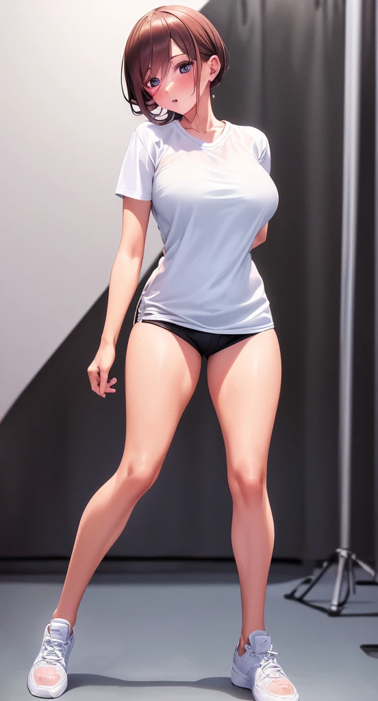 Stylish young brown haired girl, ((dressed in white t-shirt)), ((black tights)) and ((shoes)) is posing on the white background in the studio , brown -reddsh hair, pink eyes, absurdres, high res, ultrasharp, 8k, masterpiece, looking at viewer, seductive, sexy, ((large breasts:1.2)), long height, ((multiple photos:1.5)), ((full black thighs:1.5)), ((shoes)), ((white long t shirt)), ((full body shot:1.7)), ((black shorts)), ((cap)) in her head , ((tomboy girl)), ((kissing:1.5)), ((2 person))