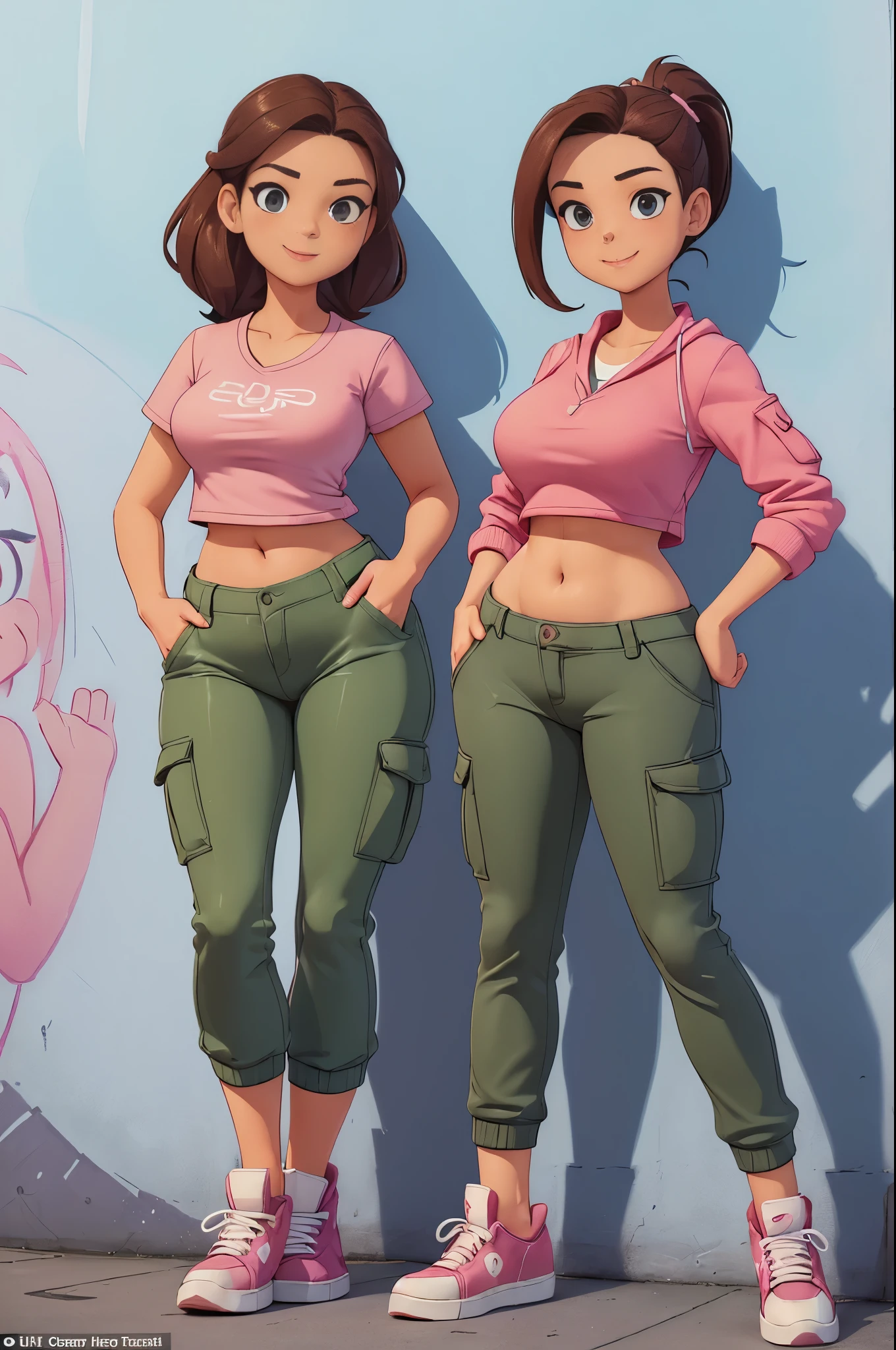 ((Quality: masterpiece, best quality, UHD, anatomically correct, photo realism, textured and detailed skin, skin pores, skin imperfections, textured and detailed hair, volumetric lightinodel: 20 year old female, solo, dramatic pose, balanced facial symmetry, healthy and radiant skin, very curvy hourglass figure, soft and curvy hourglass physique, balanced and proportionate body shape, confidence and elegance in the pose, cute and happy smile, perfect hands, defined fingers, 5 fingers, Photo Frame: full body shot of model, 1.8mm nikon aperture, Photoshoot Location: in front of a street wall with spray paint graffiti, Hair: long pink pony tail, Clothes: crop top, low rise cargo pants, sneakers