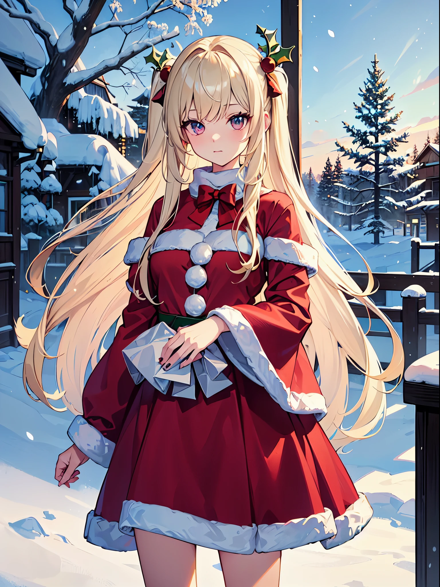 ((Best Quality)), (ultra-detailliert), ((Extremely detailed)), (Beautiful), ((Kawaii Girl)),  ((UHD)), (masterpiece), (high quality), (best quality), (4K), (high quality), 1, solo girl, 1girl, ((platinum blond hair)), parted bangs, ((hair intakes)), long hair, (hair two side up long), ((jade colored eyes)), slanted eyes, medium breasts, slender body, santa claus costume, (winter:1.2), (christmas tree:1.3), anime