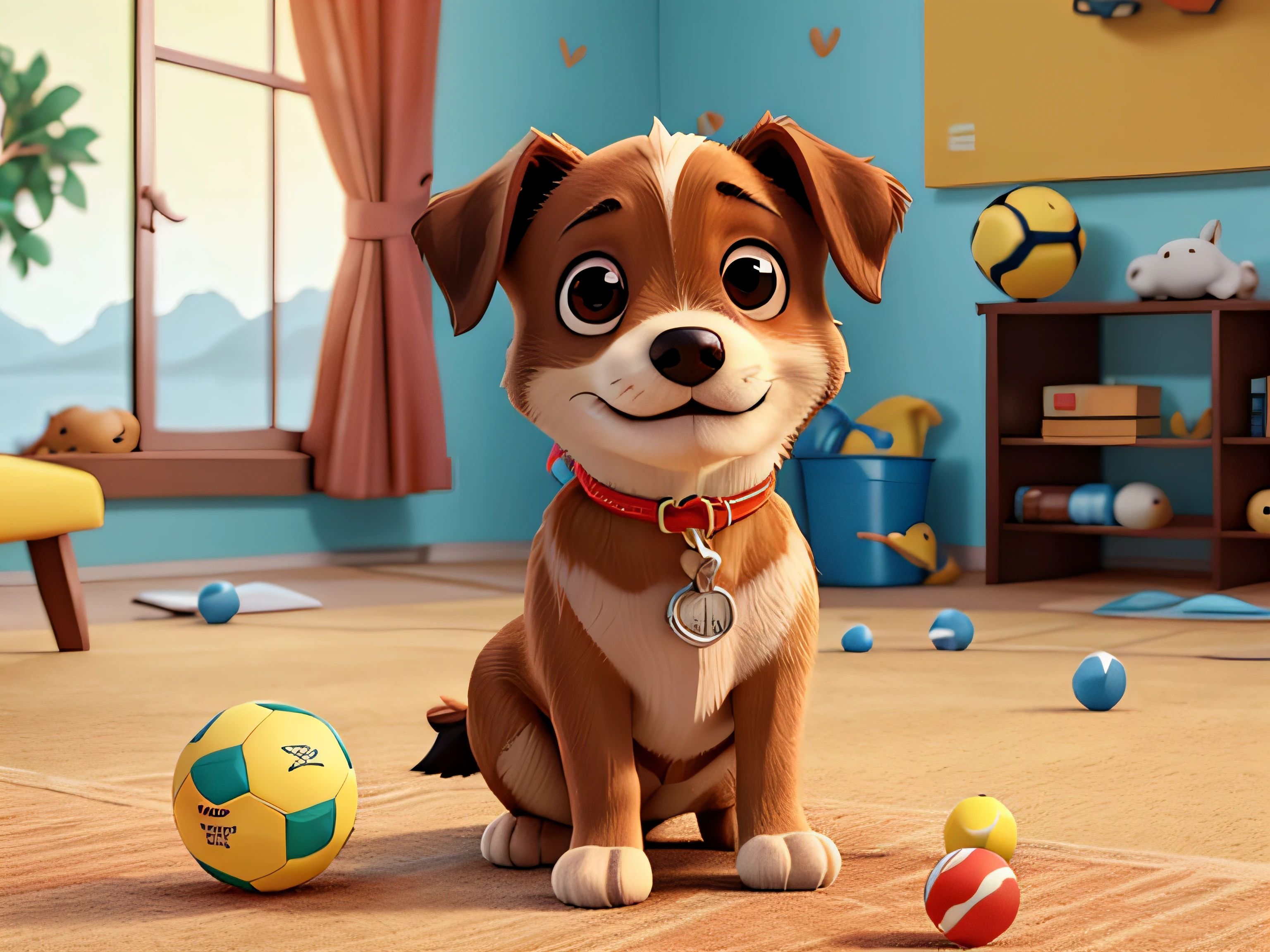 cachorrinho fofo brincando na sala de estar com uma bola amarela