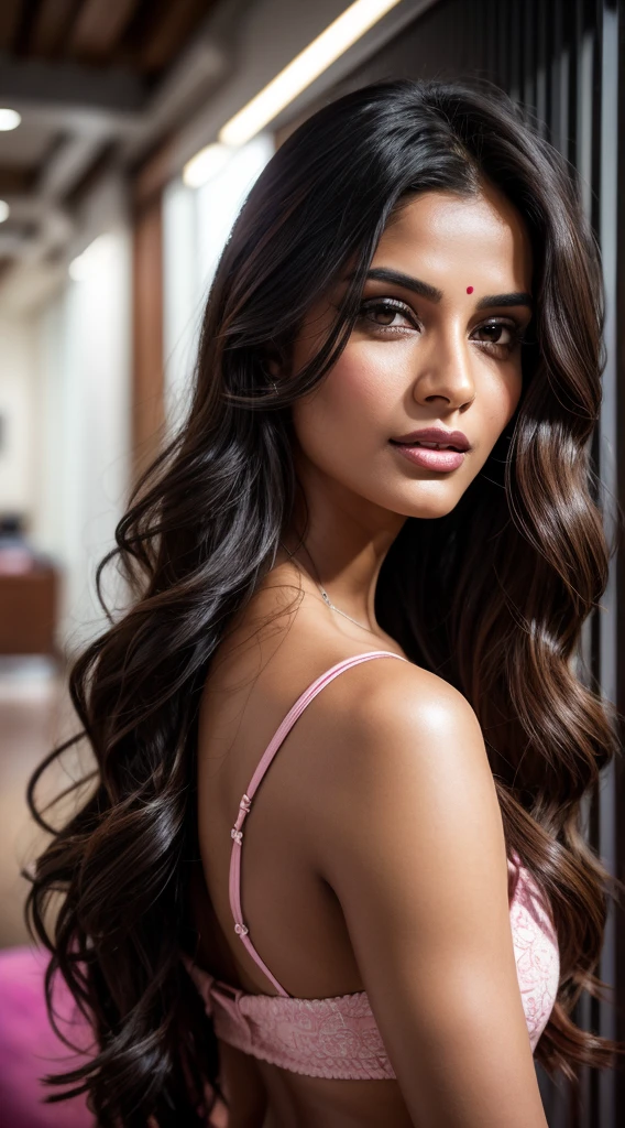 Portrait of Indian most beautiful and attractive woman in her 30s as a beautiful female model, beautiful face, [[Long Brunette Shag with Subtle Highlights]] Her dark hair falls in loose waves around her face, dramatic lighting, trending on art-station, portrait, digital art, modern, sleek, highly detailed, formal, determined, pink liner lipstick, soft lips, black eyes, happy,