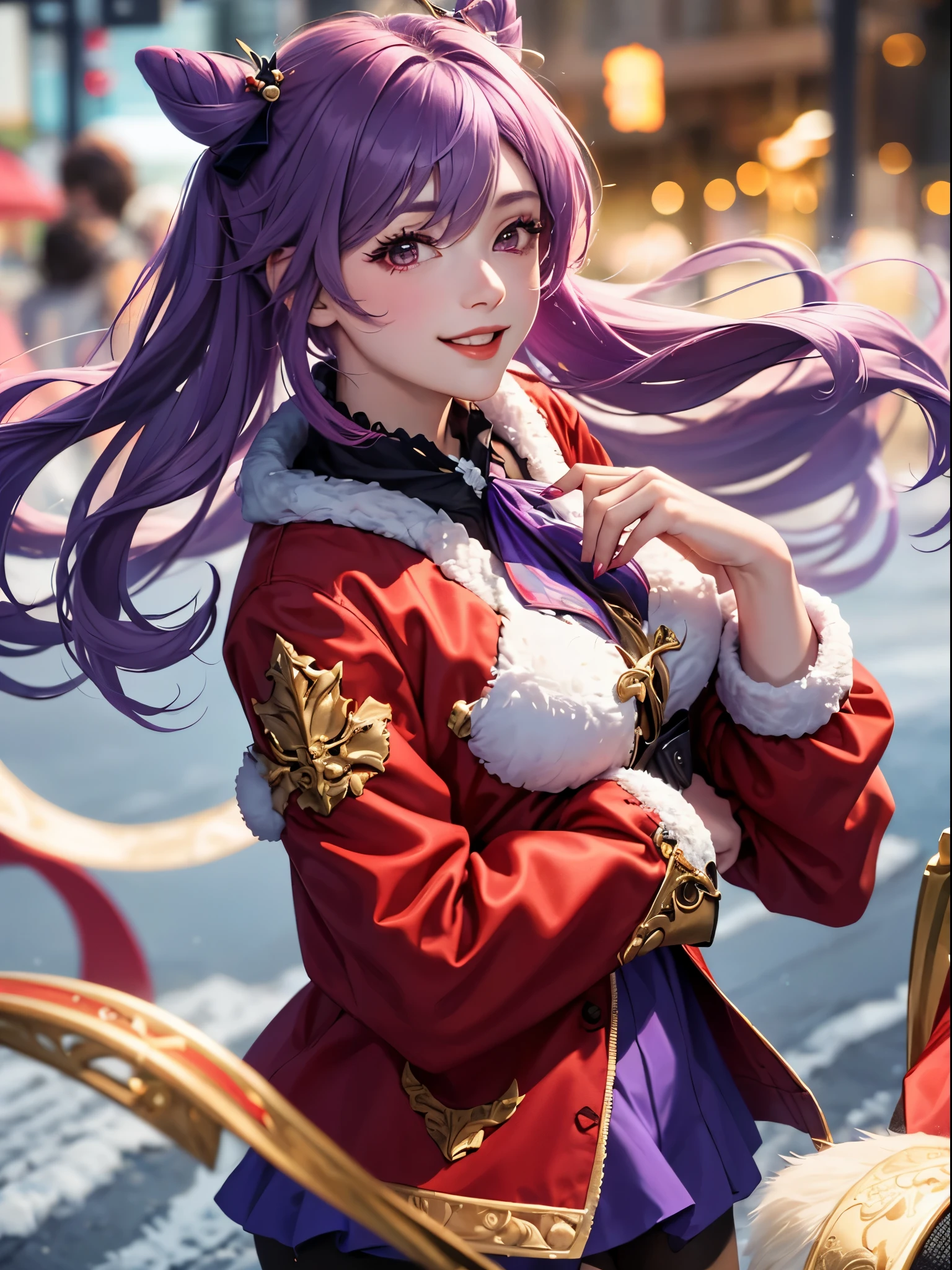 1 girl,Winter, Christmas, red fur coat, purple hairs, Keqing, smiling