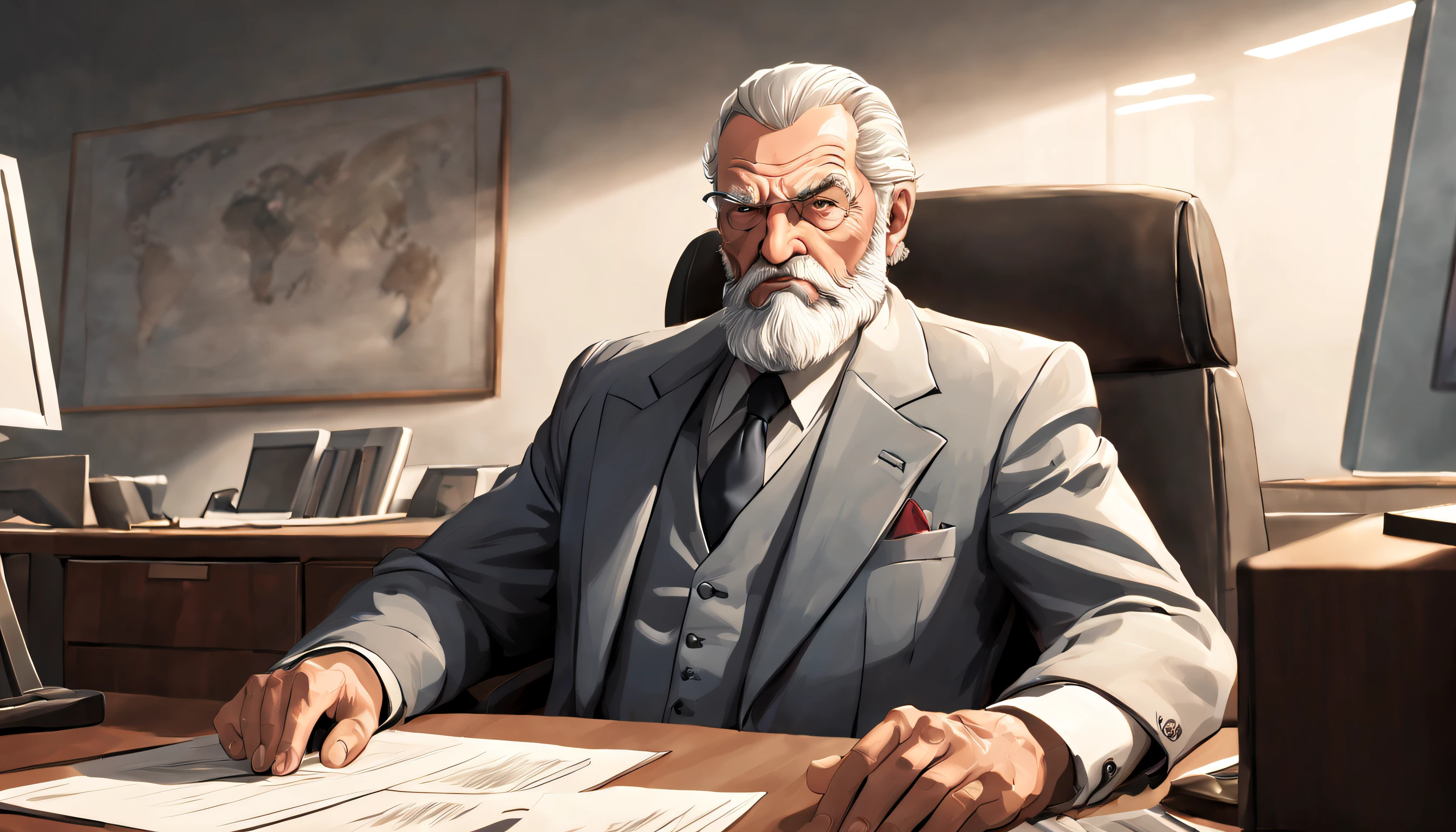 A master called ((((Azok)))) ,old, strong, bearded, grey suit, detailed face, gray hair and beard, intense gaze, commanding presence, wise expression, wrinkled skin, textured aging, confident posture, firm stance ((cartoon)) is sitting in a expensive office