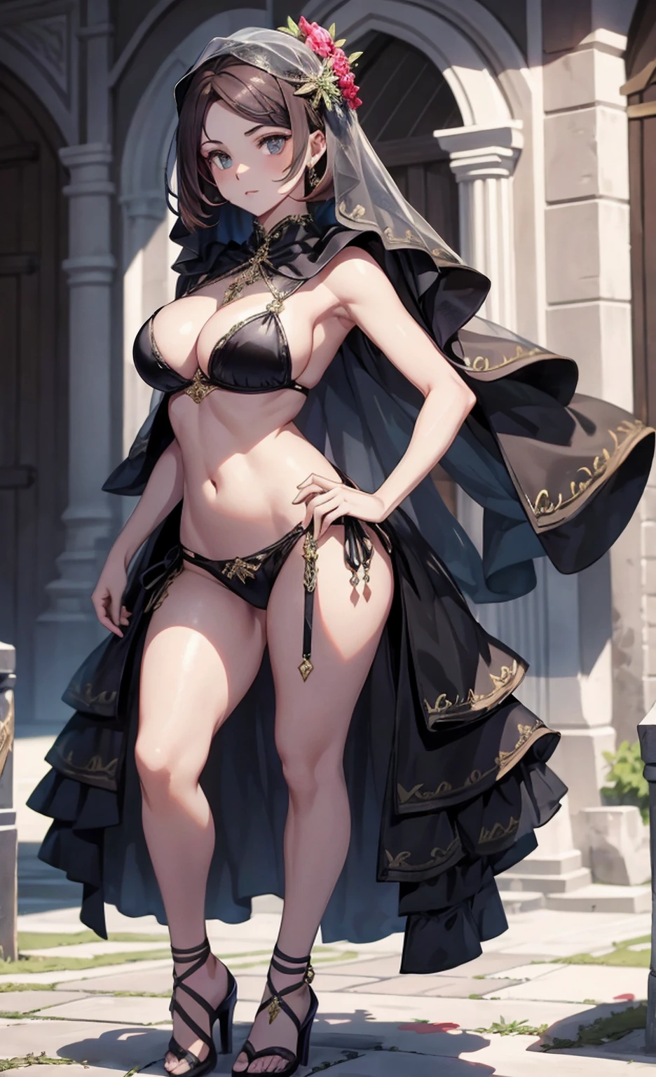 melhor qualidade,tmasterpiece,Final resolution,Downy,extremamente colorido,colorido,Western Regions,,(Pose ajoelhada),Despejando bunda,oral ,acasalamento,Cabelo loiro,Bikini Costume,Enorme teto,Cobertura de corte,saia curta,Meias Pretas,heeled sandals,Veils,Postura normal