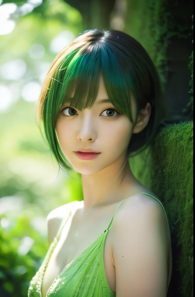 table top, highest quality, little woman, nice,whole body, , {{{detailed beautiful face}}}, Beautiful empathy (black) eye, Dead Rolling eye, (green) short hair, {shaggy cut}, bright (green) highlights hair, Striped pink hair, (small breasts), bare arms, 、