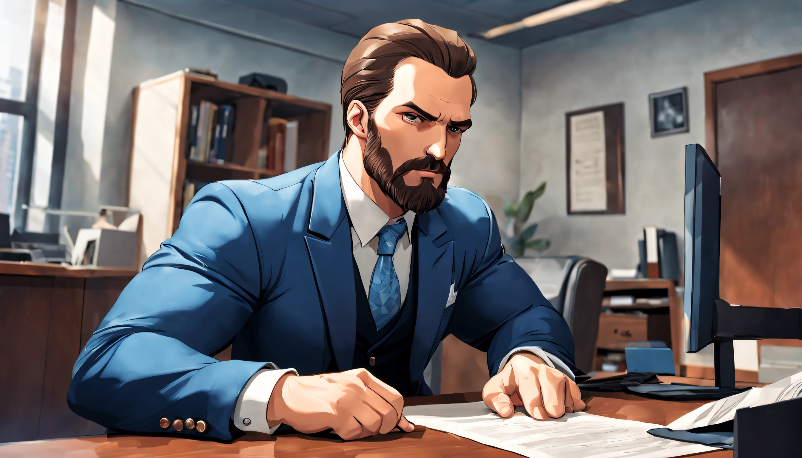 A young student named ((((argo)))) ((athletic)),muscular, with brown beard and slicked back hair, (intense, piercing) angry eyes, (strong, masculine), blue suit, thick neck ((cartoon))
is sitting in a expensive office